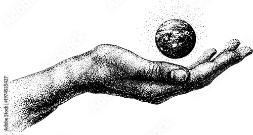 Extended hand presenting small levitating globe above open palm