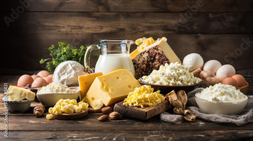 Assortment of fresh dairy products arranged in beautiful showcase. menu design, packaging mockups, designed for culinary blogs and recipe cards for restaurants.