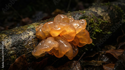 Orange jelly fungus growing on a log in a forest setting  