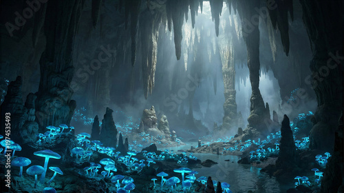 Enchanted cave with glowing mushrooms and misty atmosphere  