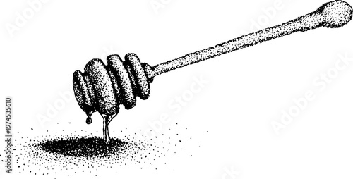 Angled honey dipper dripping honey above surface pool background