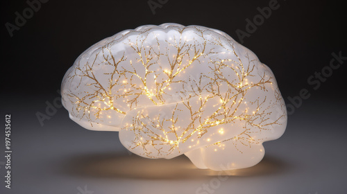 Translucent glass brain sculpture with glowing golden filaments inside. product launch decks, UI/UX mockups, designed for product launches and innovation pitches, used by copywriters.