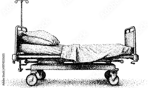 Hospital gurney resting with bedding in medical ward