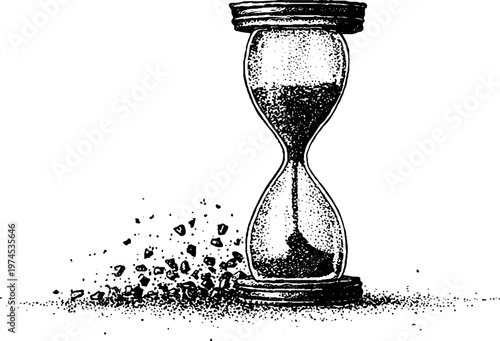 Hourglass disintegrating as sand spills onto surface
