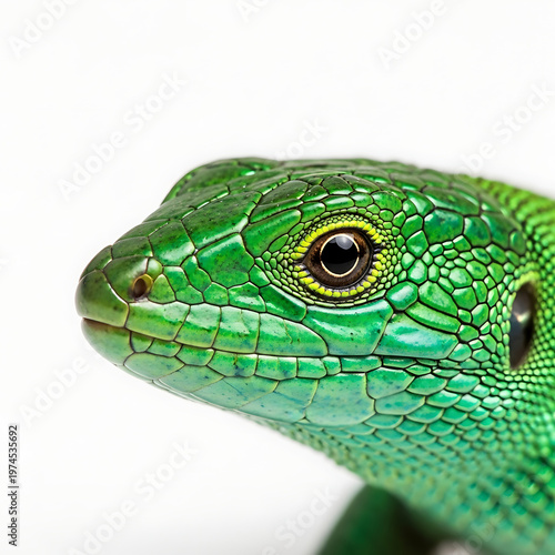 Striking Green Lizard Close-up Highlighting Intricate Scales and Piercing Yellow Eye
