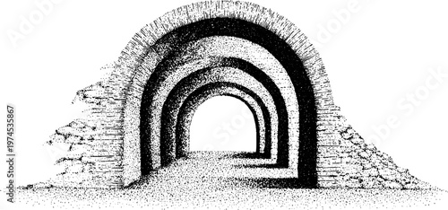 Stone archway receding into light in ruined structure