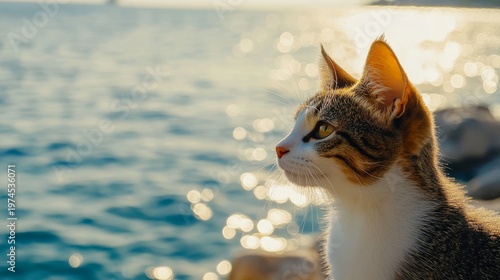 Cat sits by the water looking at the ocean during sunset in a coastal area