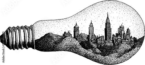 City skyline encapsulated inside light bulb lying on white background