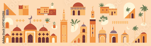 Moroccan house architecture set. Old Arabian desert town market, mosque. Arabic arch window gate door. Islamic flat vector illustration. Berber decoration wall. Contemporary boho aesthetic Medina bg
