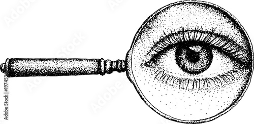 Magnifying glass revealing detailed eye on white background