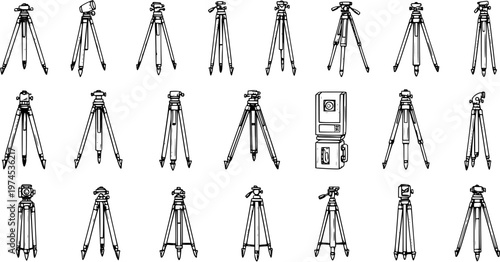 Various Surveying and Photography Tripods and Equipment Collection. Black and White Line Art Icons for Construction, Engineering, and Film Tools.