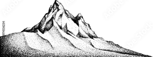 Rocky mountain peak formed on textured snowy plain