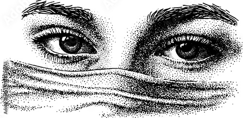 Eyes peering over fabric veil in close up portrait