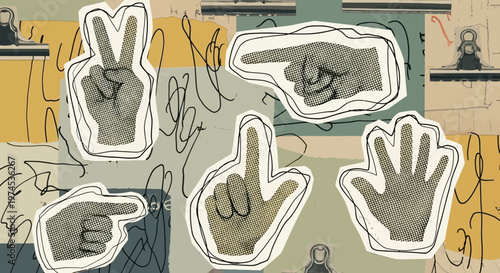 Collage of Hand Gestures: Peace, Pointing, Number One, High Five - Vintage Style