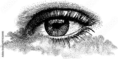 Human eye detailed with stippling over cloudlike background