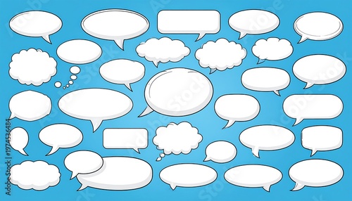 A collection of various white speech bubbles with black outlines, and cloud-like shapes, over a light blue background