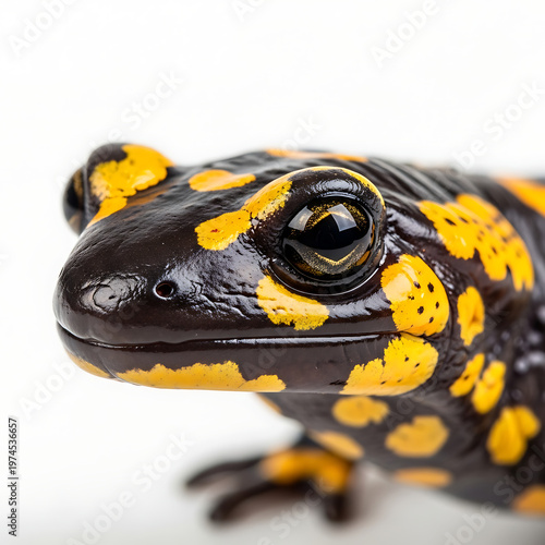 Close-up of a striking black and yellow fire salamander in a studio setting