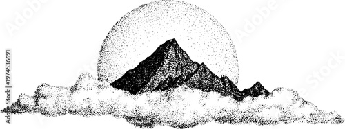 Mountain peak rising above clouds with dotted sun background