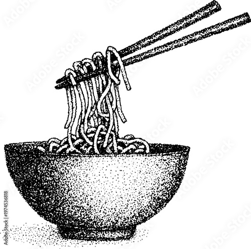 Bowl of noodles lifted by chopsticks above tabletop