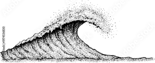Wave curling and spraying on open ocean surface with crest