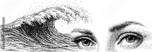 Female eyes merging with curling wave over sea
