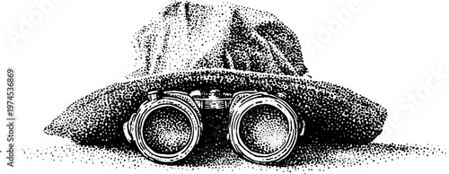 Wide brim hat resting with binoculars on flat surface foreground