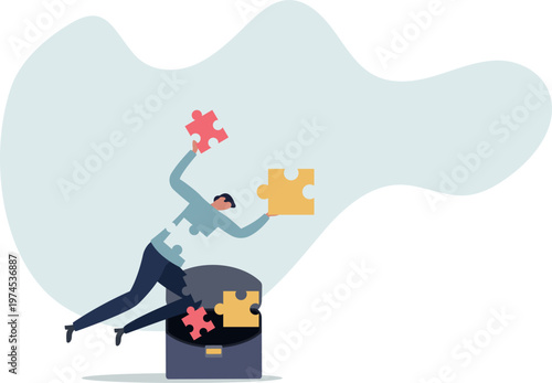 Finding jigsaw piece to complete work, career or success business, search for new idea to solve self problem, challenge or inspiration concept.person's life situation and his activities.