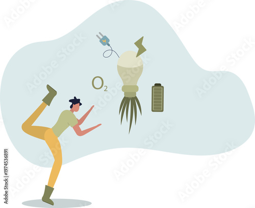 Eco friendly sustainable, Man holding light bulb with plant growing , Green eco energy and climate change problem concepts.person's life situation and his activities.