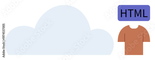 Cloud technology, web development, branding, minimalist design, e-commerce, online services. Graphic of a cloud, HTML label and a shirt. Cloud technology and web development imagery