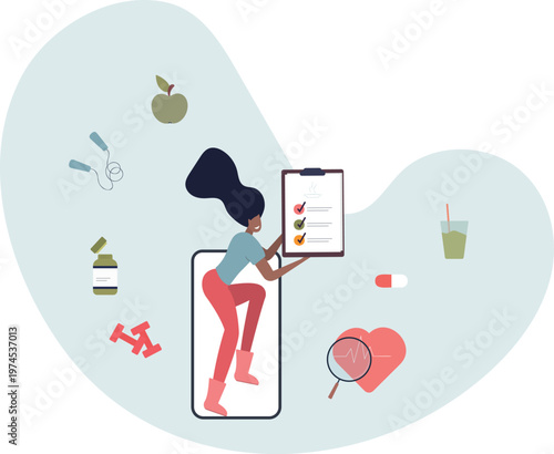 Weight loss with mobile app. diet plan with healthy food and vitamin supplements, sport workout in gym.person's life situation and his activities.
