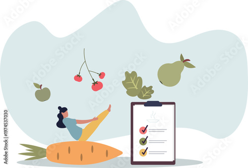 Weight loss.control nutrition with diet plan.flat vector illustration.woman doing downward facing dog.person's life situation and his activities.