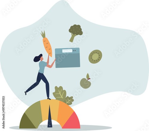 Woman and obese chart scales.Cartoon person on diet trying weight control with BMI.person's life situation and his activities.
