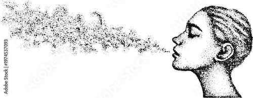Female profile exhaling dotted particles on white background