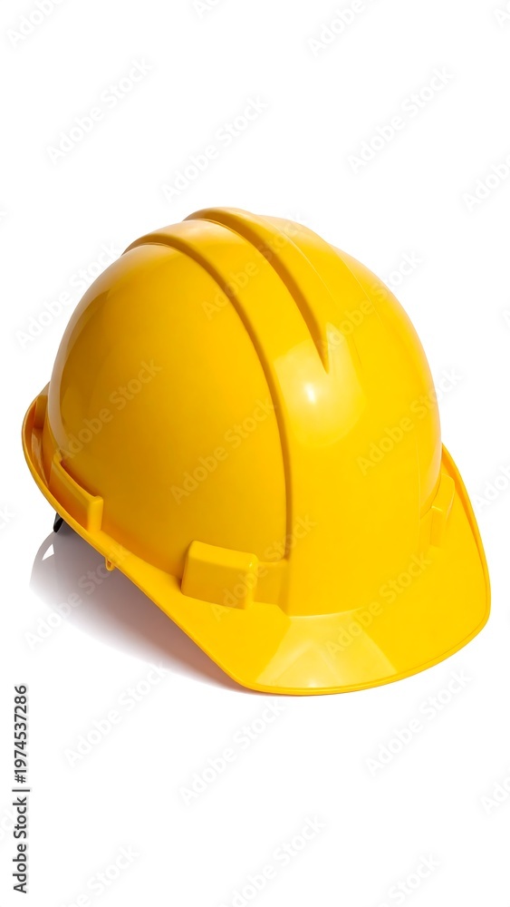 Fototapeta premium A bright yellow protective construction helmet sits against a clean white background, showing details of its shape and visor. It is a common safety item