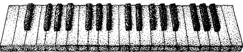 Piano keyboard showing worn keys arranged on white background