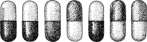 Line of medicine capsules displayed on white background
