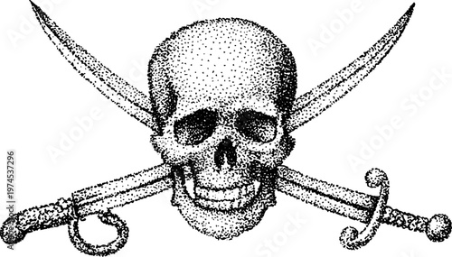 Skull with crossed sabers grinning on white background