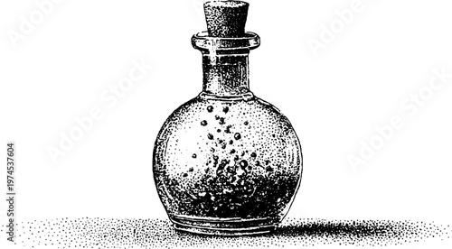 Round glass vial containing granules resting on flat surface