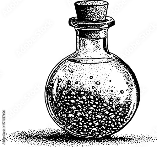 Glass bottle filled with small pellets standing on tabletop