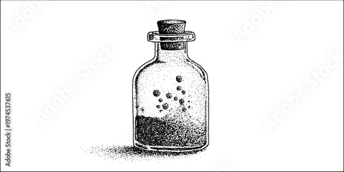 Small glass bottle containing granules on white background