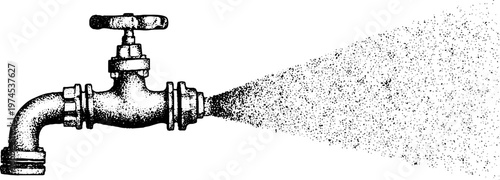 Metal water faucet spraying fine mist over white surface