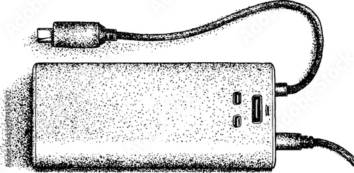 Portable power bank connected to charging cable on white
