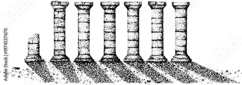 Series of ancient stone columns casting long shadows