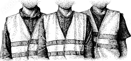 Three workers wearing safety vests standing against white background