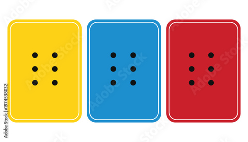 Set of three colorful cards in yellow, blue, and red with six-dot patterns