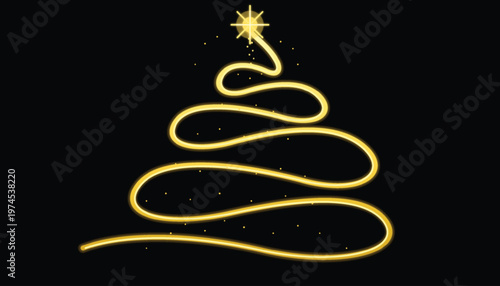 Abstract golden christmas tree made of a continuous glowing light line