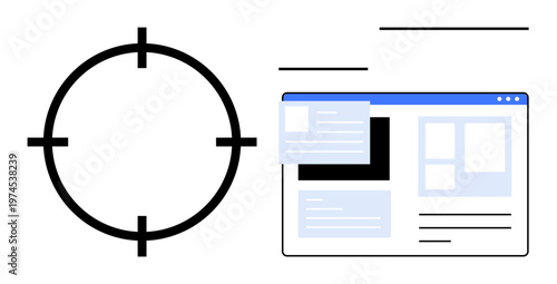 Advertising campaigns, user engagement, web development, SEO strategies, data analytics, personalized content. Circular focus icon next to a browser interface layout. Advertising and user engagement