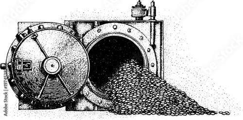 Large bank vault door open with coins spilling onto floor