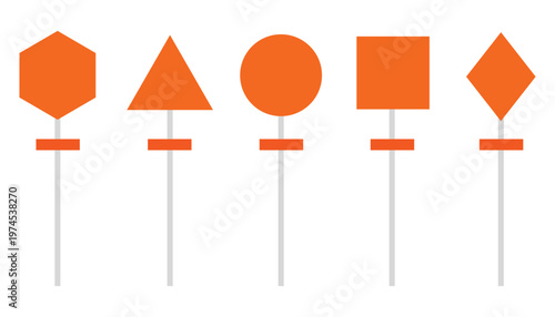 Set of five orange geometric road sign icons on thin grey poles