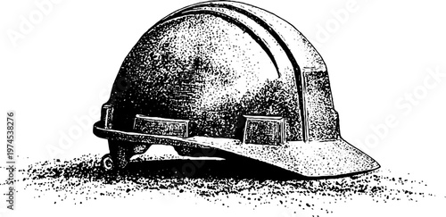 Scuffed hard hat placed on gritty surface in studio